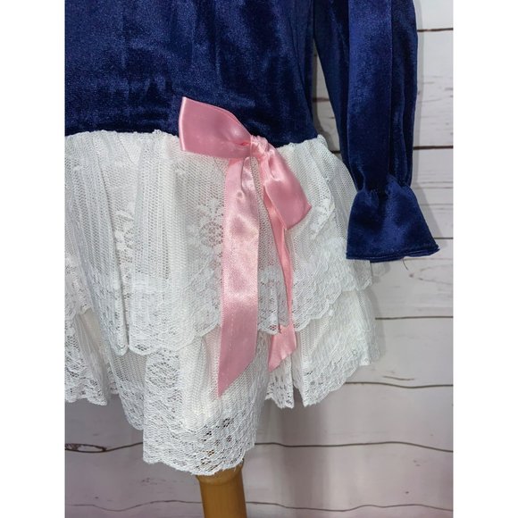 Allison Ann Blue Velvet White Lace Pink Bow Long Sleeves Size 2T Girls Dress Vin - Picture 7 of 11